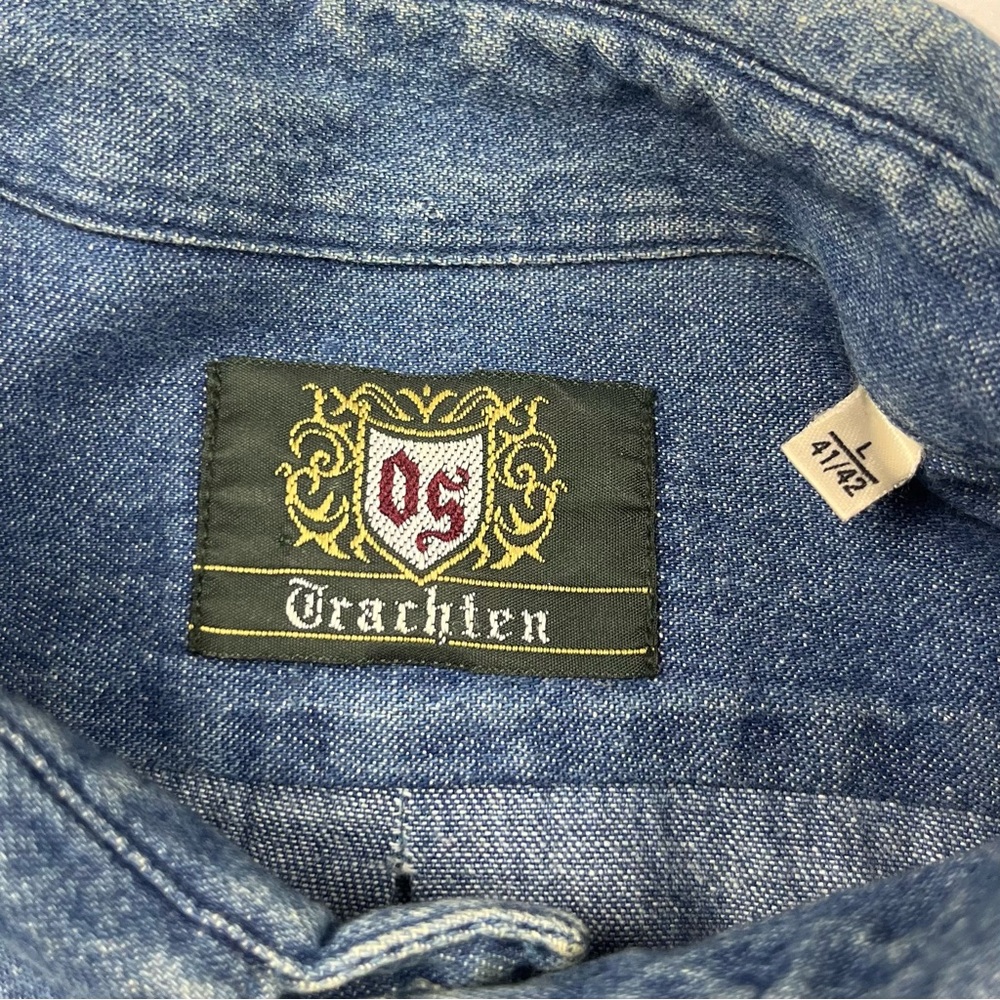 OS Trachten Mens German Oktoberfest Button Up Shirt Large Denim Long Sleeve B8 - Picture 4 of 7